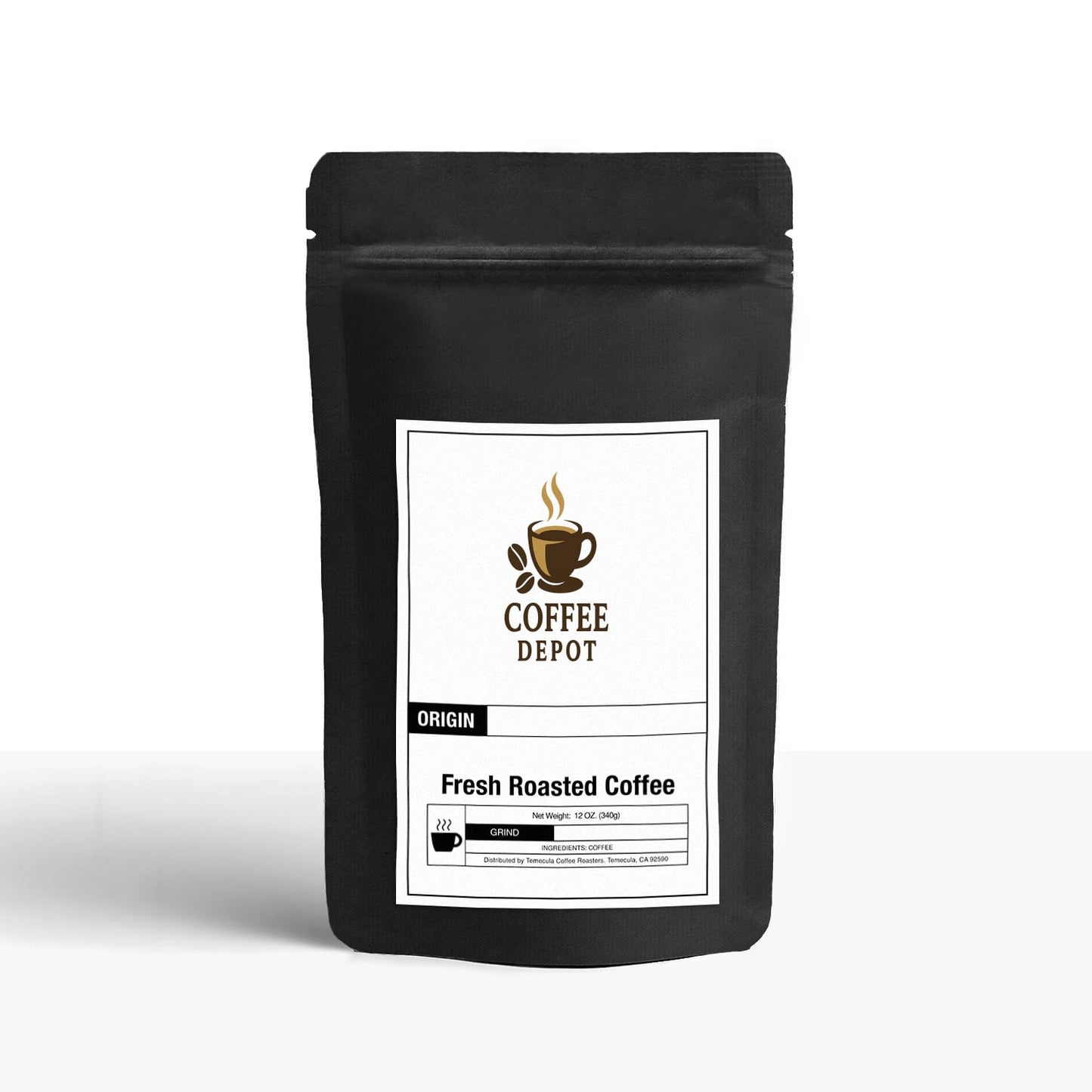 Black coffee packaging with a visible brand label on a white background