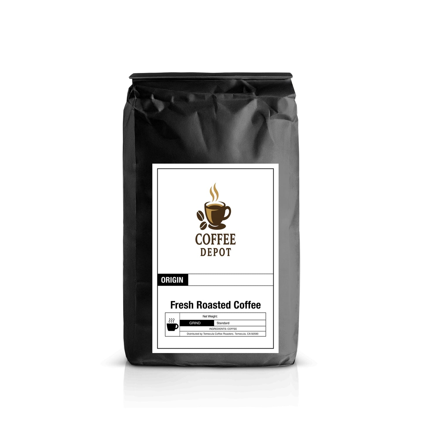 Black coffee bag with 'Coffee Depot' label on a white background