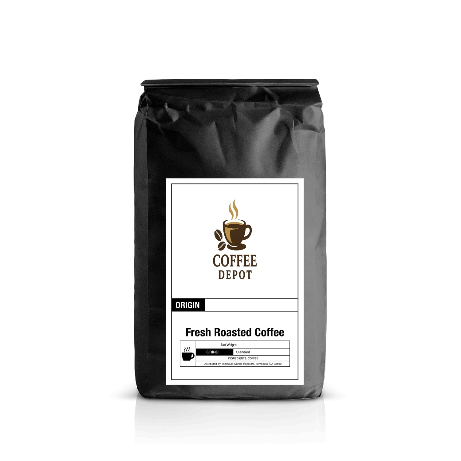 Black coffee bag with 'Coffee Depot' label on a white background