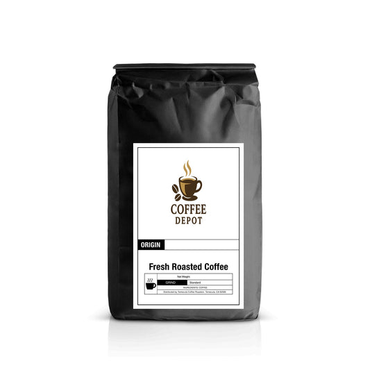 Black coffee bag with 'Coffee Depot' label on a white background